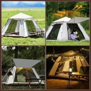Tent interior showing curtain and storage pocket for convenience